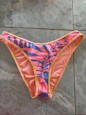 Pink Tropical Leaf Bikini Bottom with Yellow Trim size small